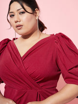 Women's Red Party Regular Fit Solid Half Sleeves Dress
