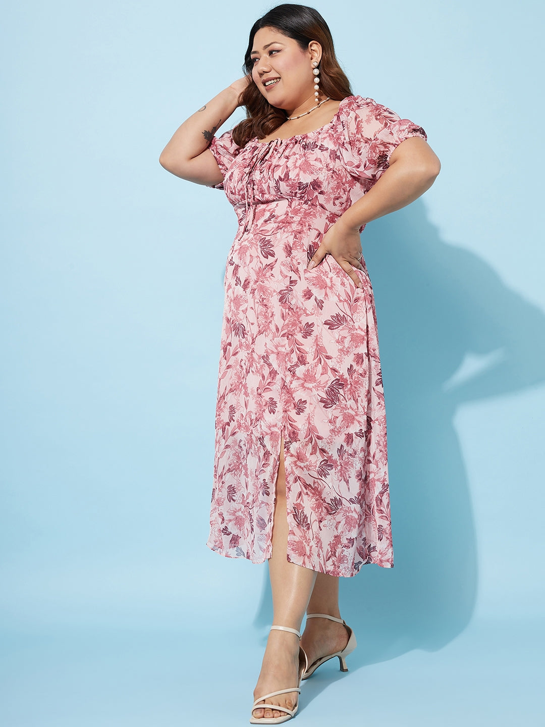 Women's Pink Casual Regular Fit Printed Half Sleeves Dress