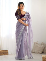 Women's Net Purple Embellished Designer Saree with Blouse Piece
