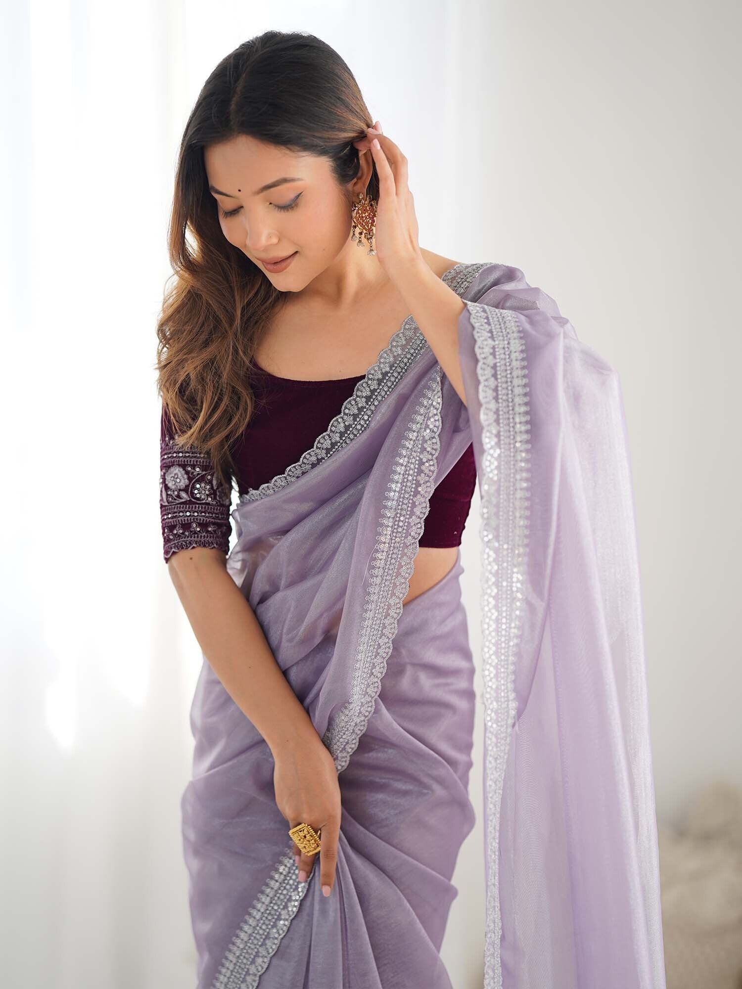 Women's Net Purple Embellished Designer Saree with Blouse Piece