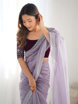 Women's Net Purple Embellished Designer Saree with Blouse Piece