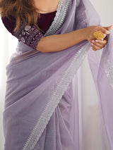 Women's Net Purple Embellished Designer Saree with Blouse Piece