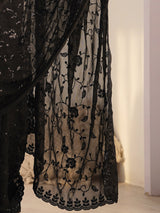 Women's Georgette Black Embellished Designer Saree with Blouse Piece