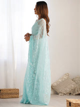 Women's Georgette Blue Embellished Designer Saree with Blouse Piece