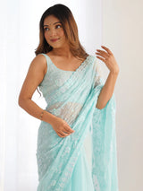 Women's Georgette Blue Embellished Designer Saree with Blouse Piece