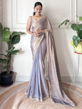 Women's Paper Silk Grey Embellished Designer Saree with Blouse Piece