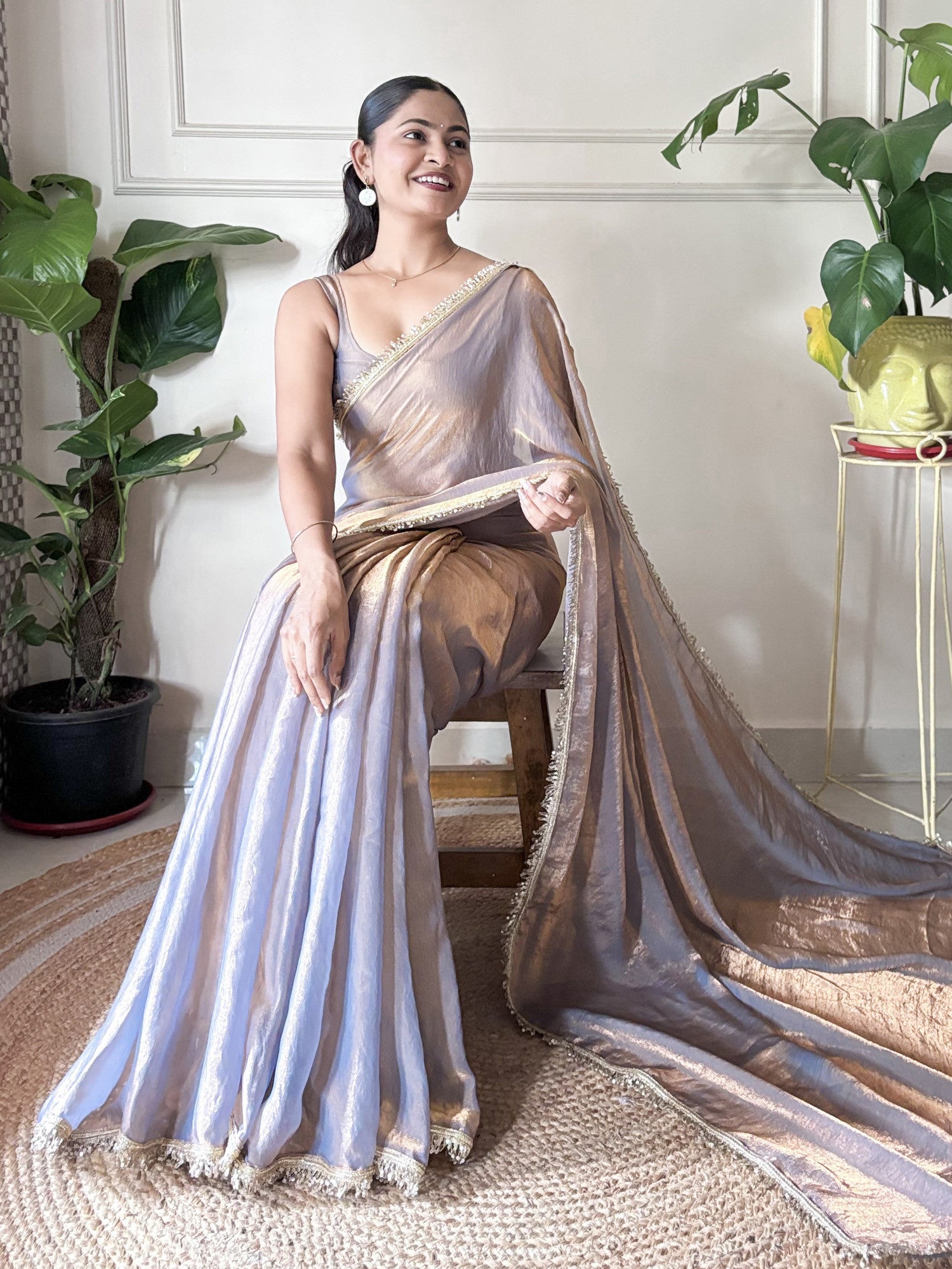 Women's Paper Silk Grey Embellished Designer Saree with Blouse Piece