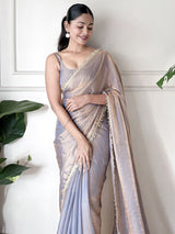 Women's Paper Silk Grey Embellished Designer Saree with Blouse Piece