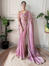 Women's Paper Silk Pink Embellished Designer Saree with Blouse Piece