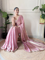 Women's Paper Silk Pink Embellished Designer Saree with Blouse Piece
