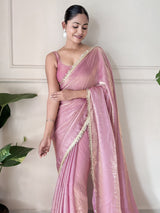 Women's Paper Silk Pink Embellished Designer Saree with Blouse Piece