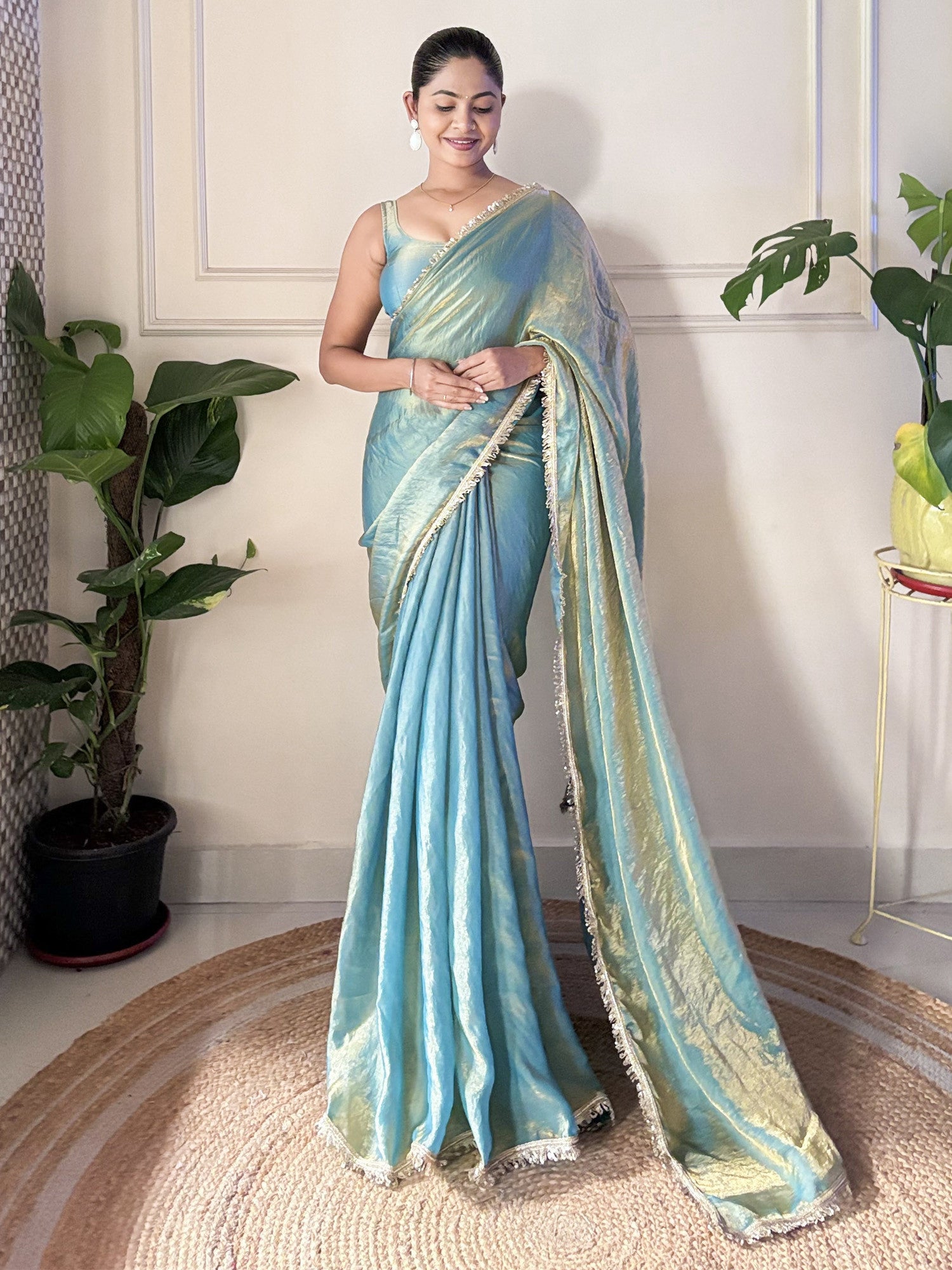 Women's Paper Silk Blue Embellished Designer Saree with Blouse Piece