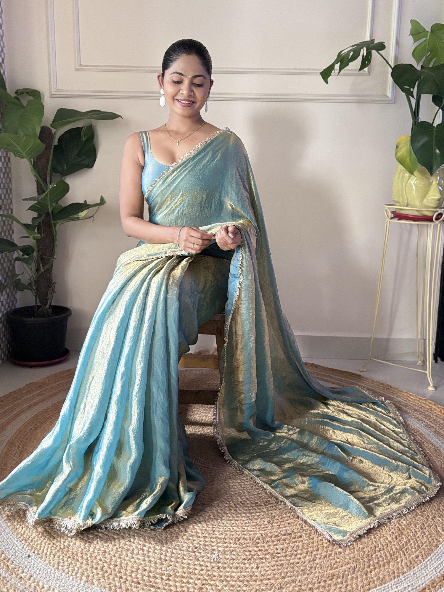 Women's Paper Silk Blue Embellished Designer Saree with Blouse Piece