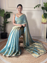 Women's Paper Silk Blue Embellished Designer Saree with Blouse Piece
