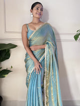 Women's Paper Silk Blue Embellished Designer Saree with Blouse Piece