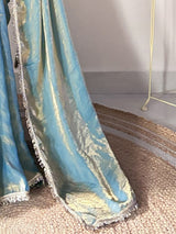 Women's Paper Silk Blue Embellished Designer Saree with Blouse Piece