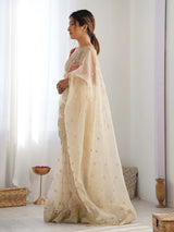 Women's Organza White Embellished Designer Saree with Blouse Piece
