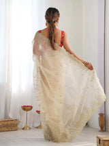 Women's Organza White Embellished Designer Saree with Blouse Piece