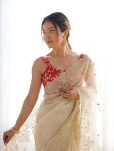 Women's Organza White Embellished Designer Saree with Blouse Piece