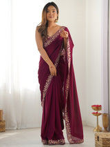 Women's Vichitra Silk Magenta Embellished Designer Saree With Blouse Piece