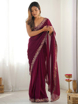 Women's Vichitra Silk Magenta Embellished Designer Saree With Blouse Piece