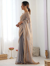 Women's Paper Silk Grey Embellished Designer Saree with Blouse Piece