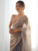 Women's Paper Silk Grey Embellished Designer Saree with Blouse Piece