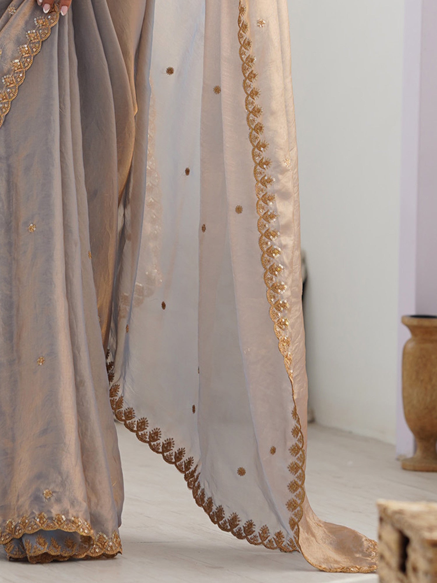 Women's Paper Silk Grey Embellished Designer Saree with Blouse Piece