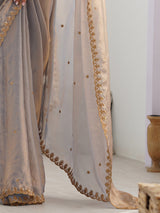 Women's Paper Silk Grey Embellished Designer Saree with Blouse Piece