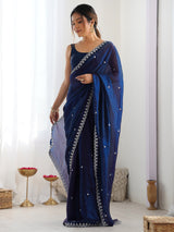 Women's Paper Silk Navy Embellished Designer Saree with Blouse Piece