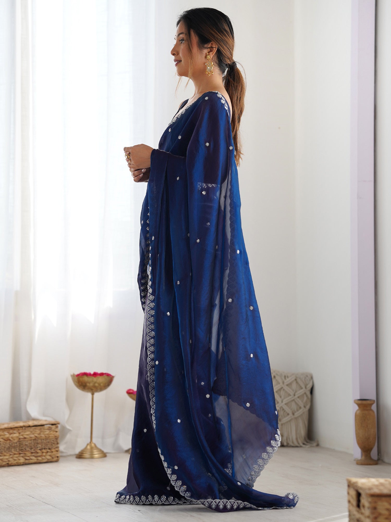 Women's Paper Silk Navy Embellished Designer Saree with Blouse Piece