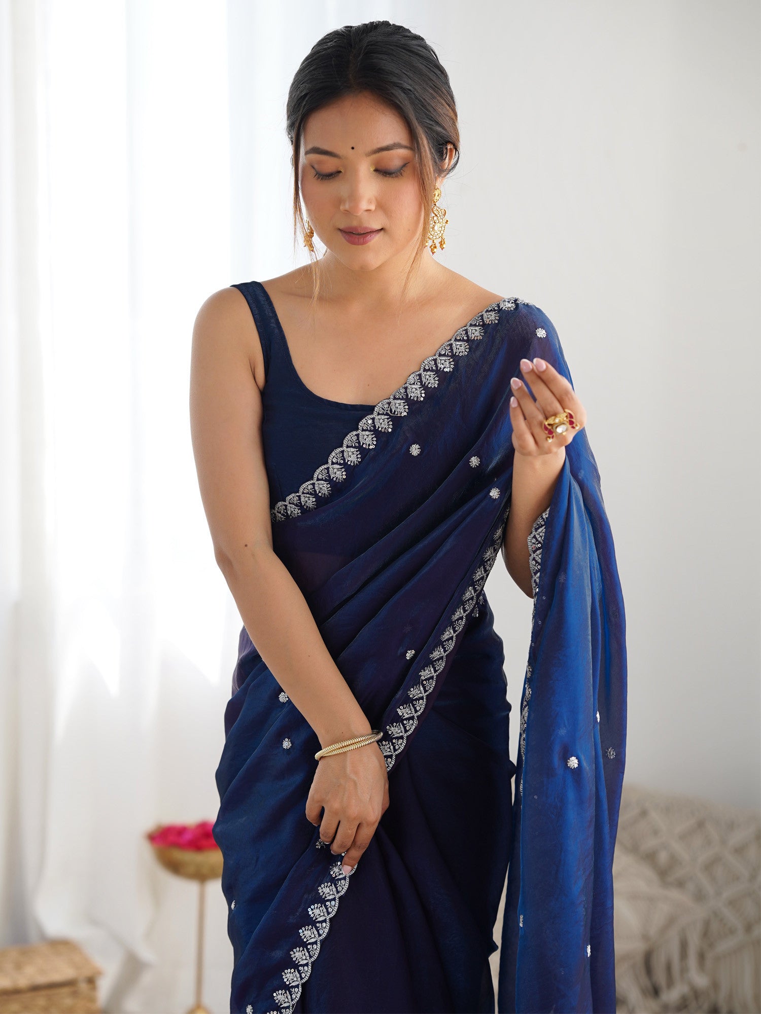 Women's Paper Silk Navy Embellished Designer Saree with Blouse Piece