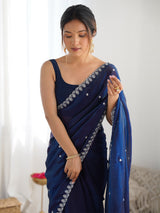 Women's Paper Silk Navy Embellished Designer Saree with Blouse Piece