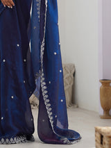 Women's Paper Silk Navy Embellished Designer Saree with Blouse Piece