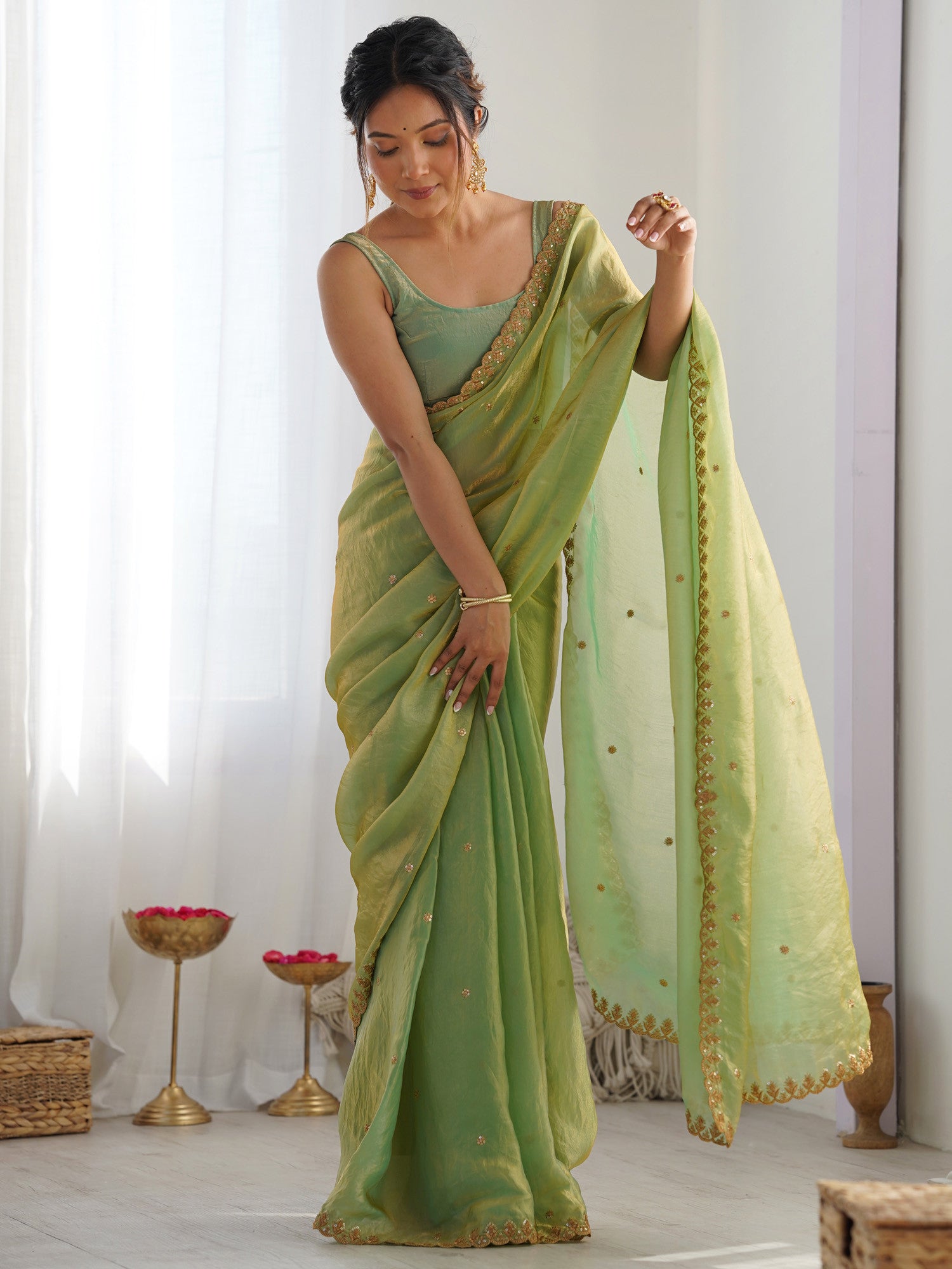 Women's Paper Silk Green Embellished Designer Saree with Blouse Piece