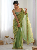 Women's Paper Silk Green Embellished Designer Saree with Blouse Piece