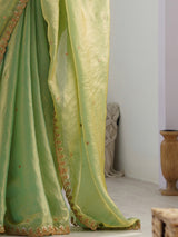 Women's Paper Silk Green Embellished Designer Saree with Blouse Piece