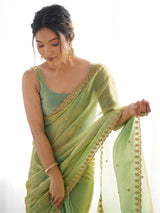Women's Paper Silk Green Embellished Designer Saree with Blouse Piece