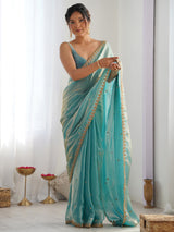 Women's Paper Silk Blue Embellished Designer Saree with Blouse Piece