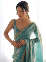 Women's Paper Silk Blue Embellished Designer Saree with Blouse Piece