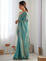 Women's Paper Silk Blue Embellished Designer Saree with Blouse Piece