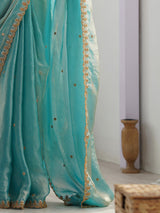 Women's Paper Silk Blue Embellished Designer Saree with Blouse Piece