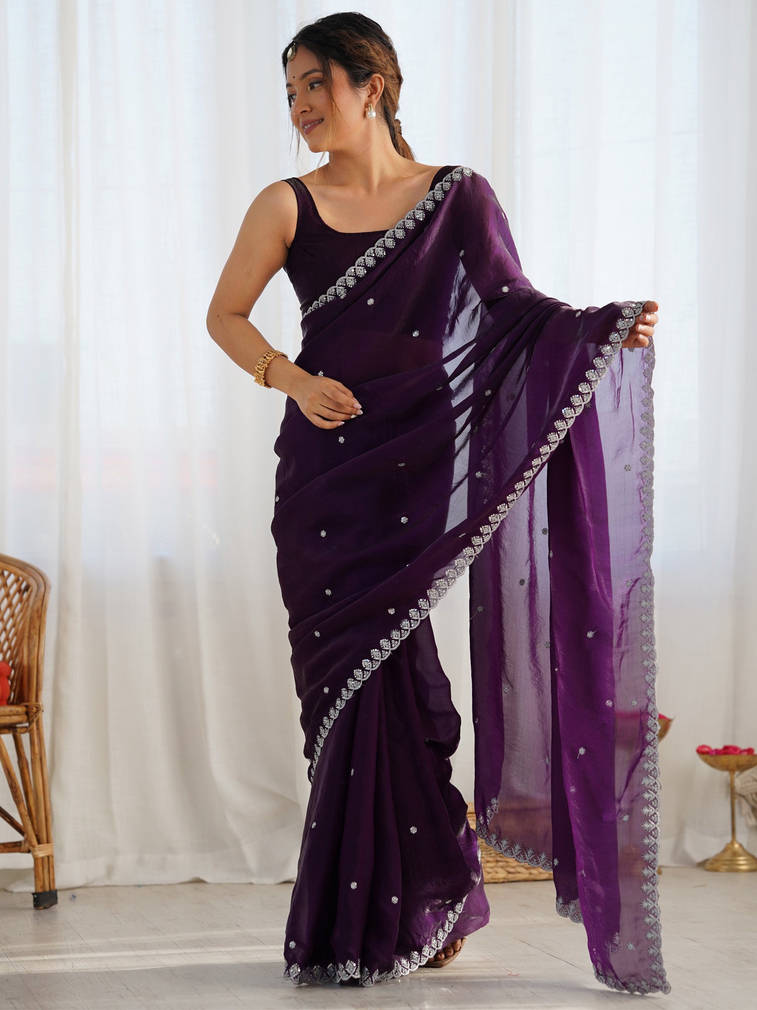 Women's Paper Silk Pink Embellished Designer Saree with Blouse Piece