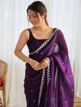Women's Paper Silk Pink Embellished Designer Saree with Blouse Piece