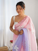 Women's Chiffon Pink Embellished Designer Saree With Blouse Piece