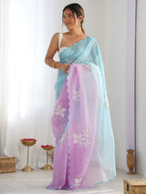Women's Chiffon Light Blue Embellished Designer Saree With Blouse Piece