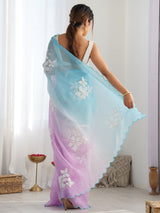 Women's Chiffon Light Blue Embellished Designer Saree With Blouse Piece
