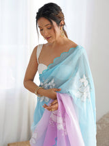 Women's Chiffon Light Blue Embellished Designer Saree With Blouse Piece