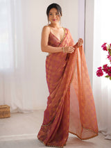 Women's Chiffon Orange Embellished Designer Saree with Blouse Piece