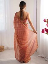 Women's Chiffon Orange Embellished Designer Saree with Blouse Piece